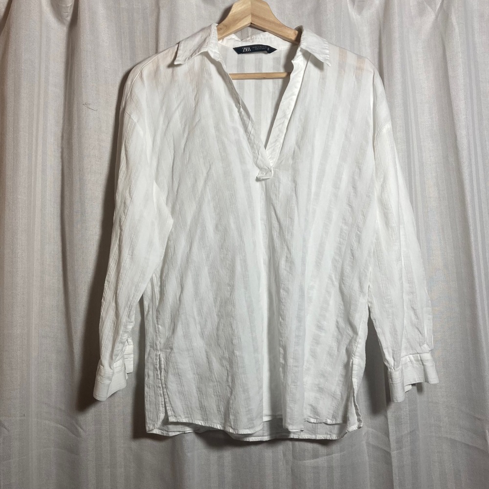 Zara Womens White Textured Stripe V-Neck Tunic Top Long Sleeve Blouse XS Beach